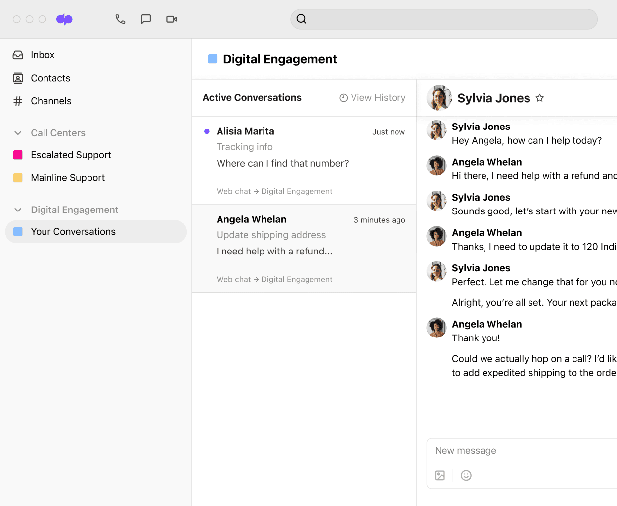 A screenshot of social media, digital, and voice channels being handled by an agent in Dialpad's omnichannel contact center platform