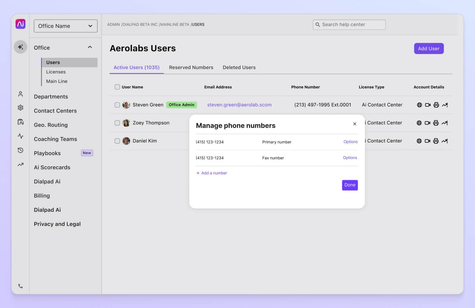 Screenshot of adding and managing phone numbers from Dialpad's online dashboard