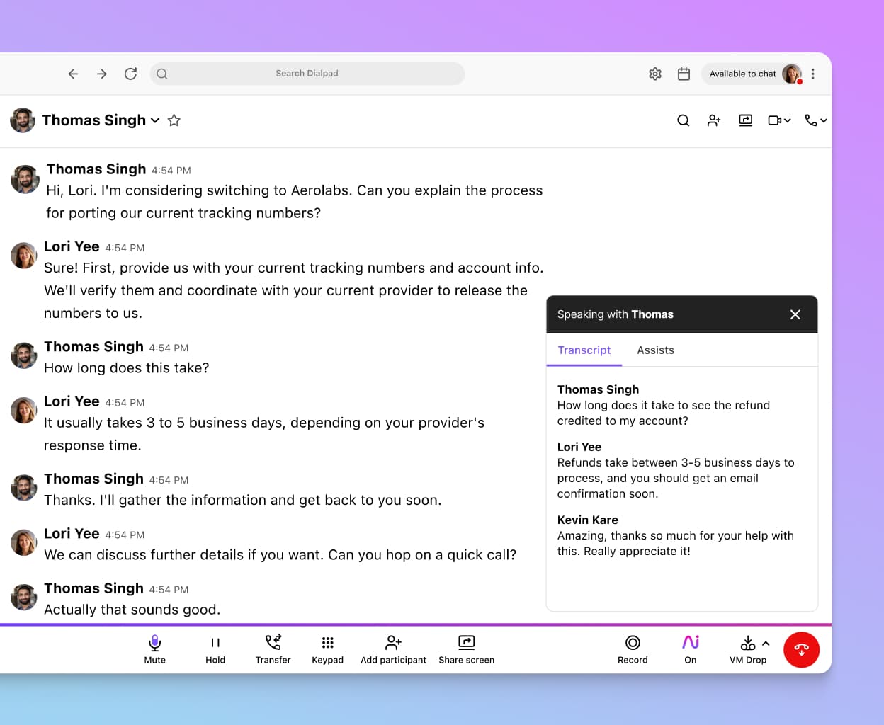 Screenshot of Dialpad Ai transcribing a phone call in real time
