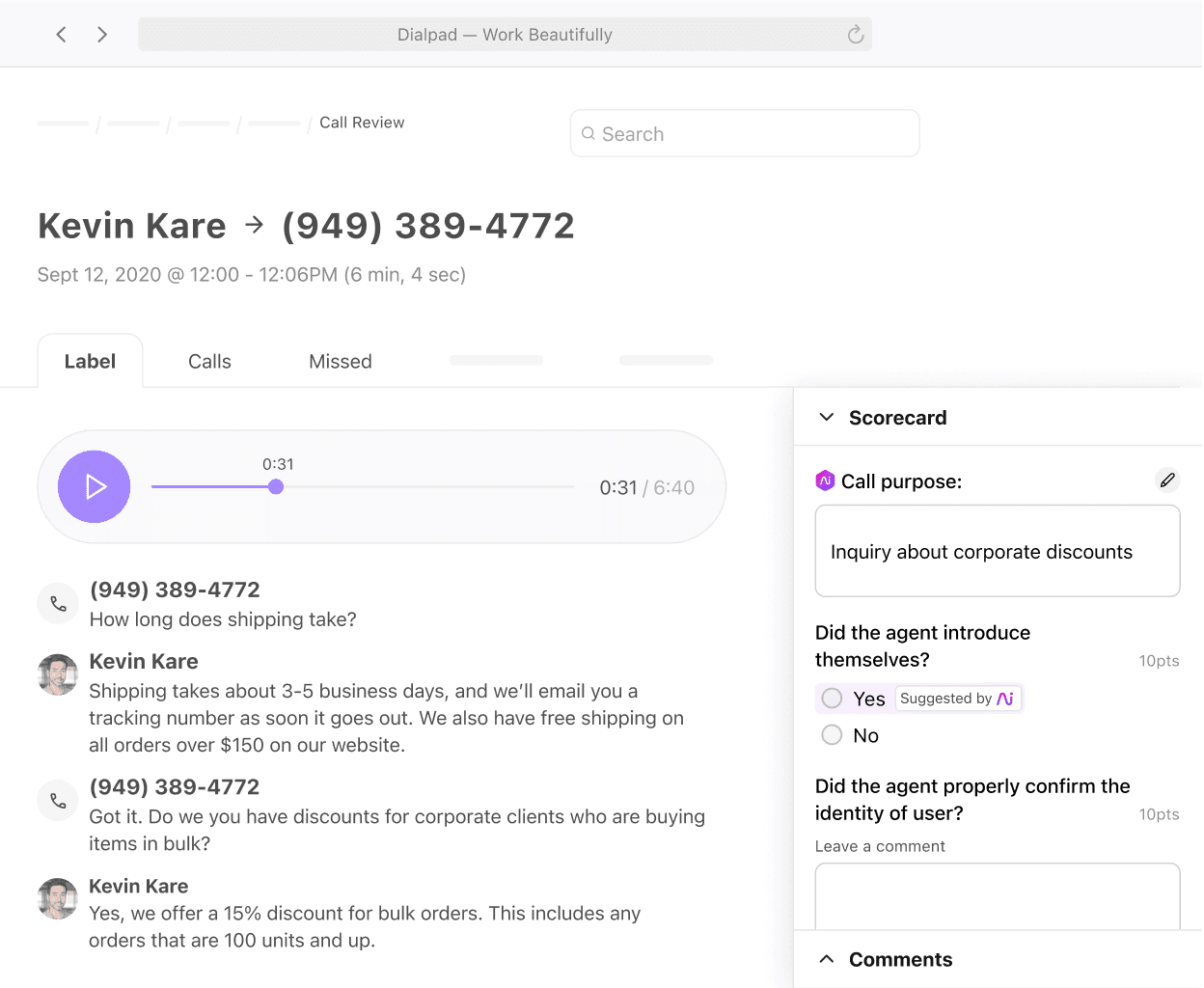 Screenshot of Dialpads AI-powered post-call summary with transcript and recording