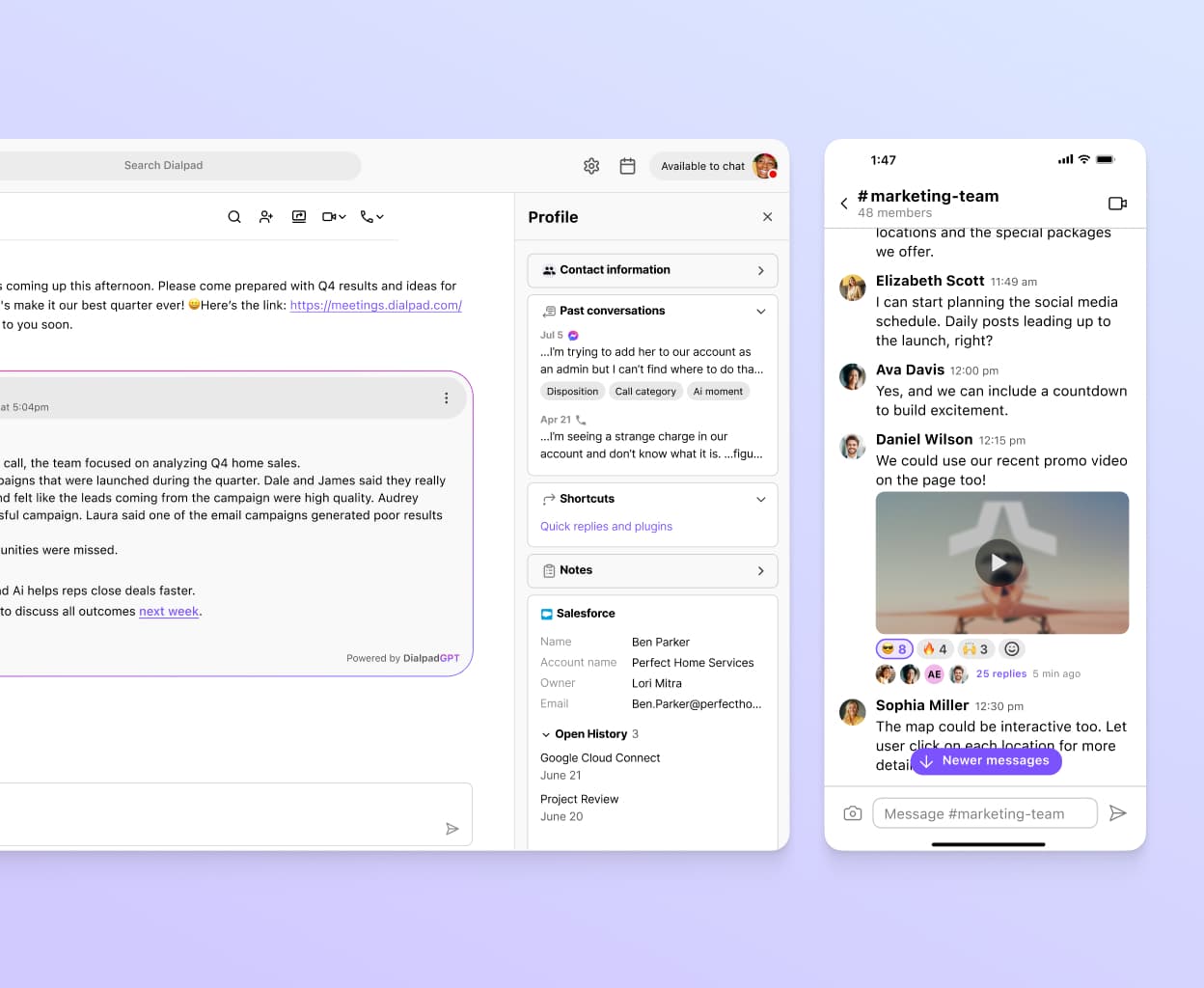 Screenshot of business text messaging features in Dialpad's desktop and mobile applications