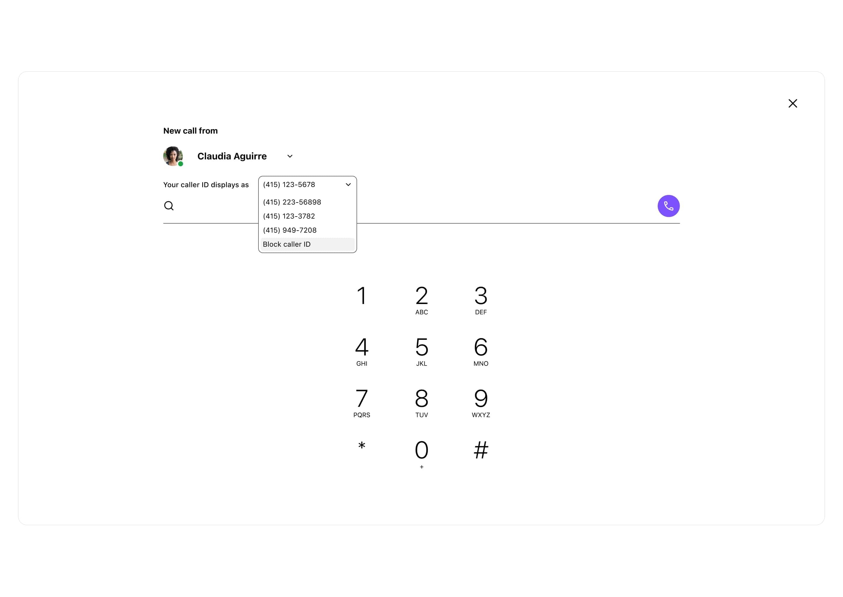 Screenshot of choosing a caller ID to display when making a work call from one's personal cell phone using Dialpad's app.