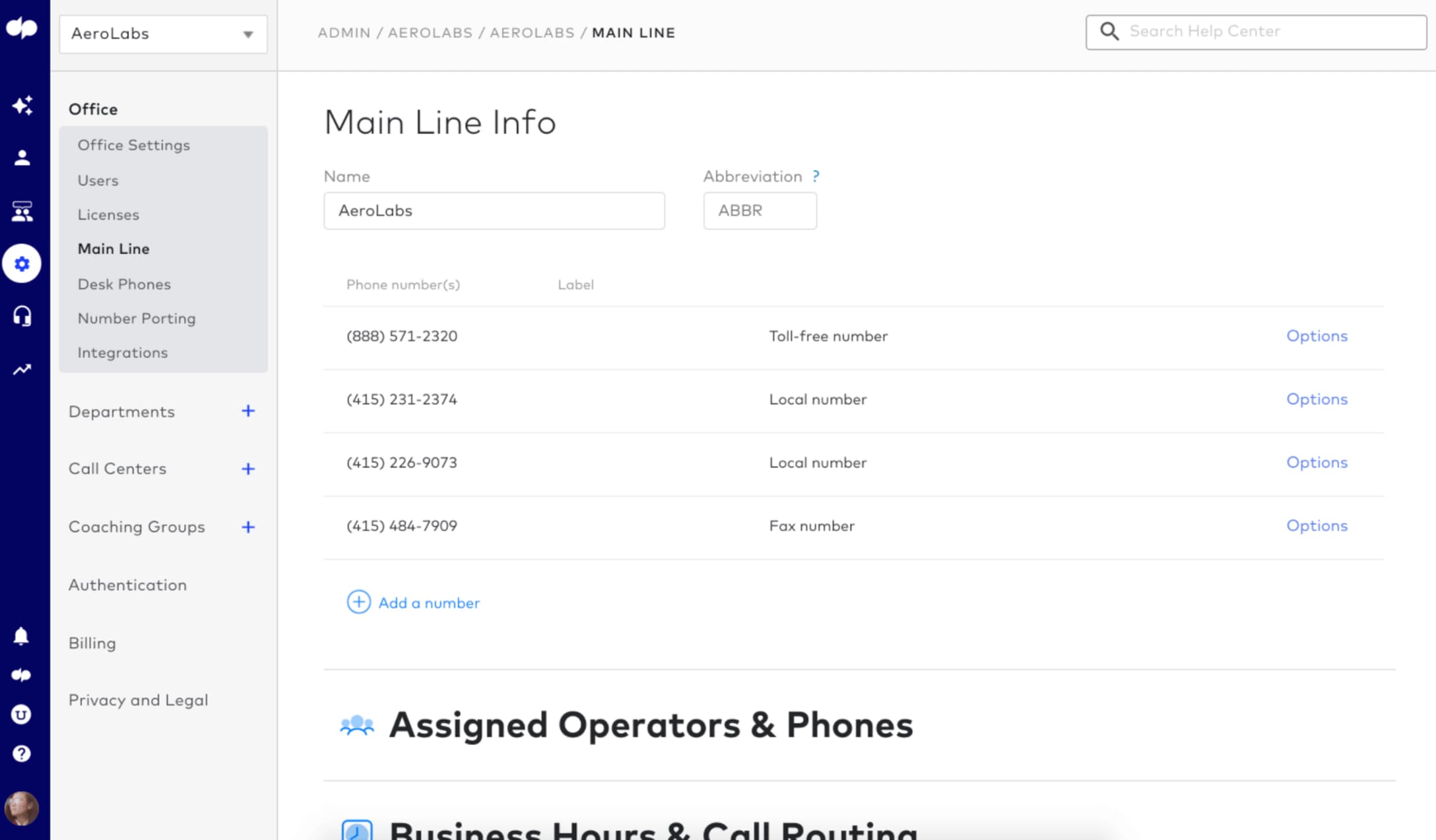 Dialpad main line configuration interface for phone tree template setup in business phone systems