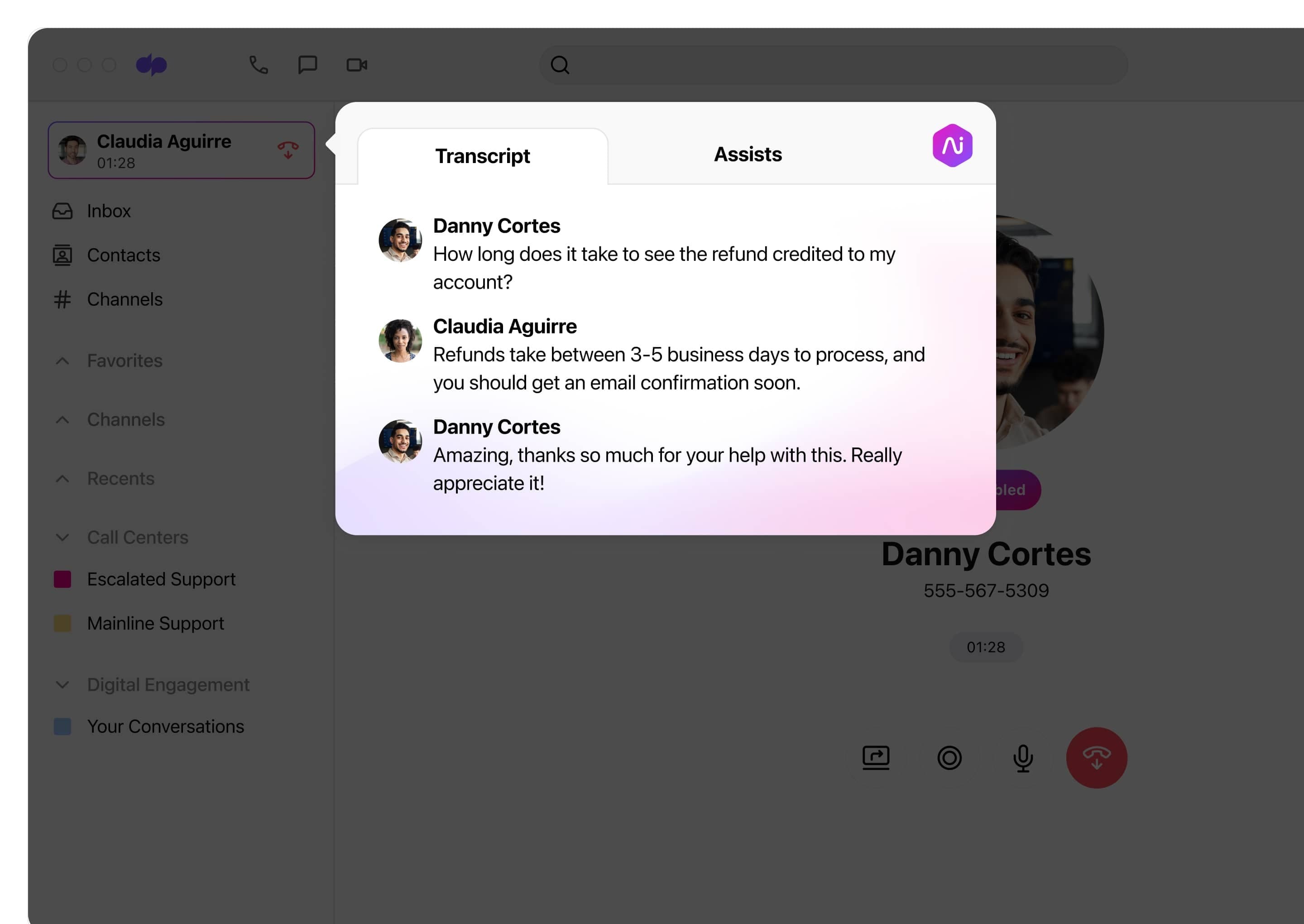 Screenshot of Dialpad Ai transcribing a phone call in real time.