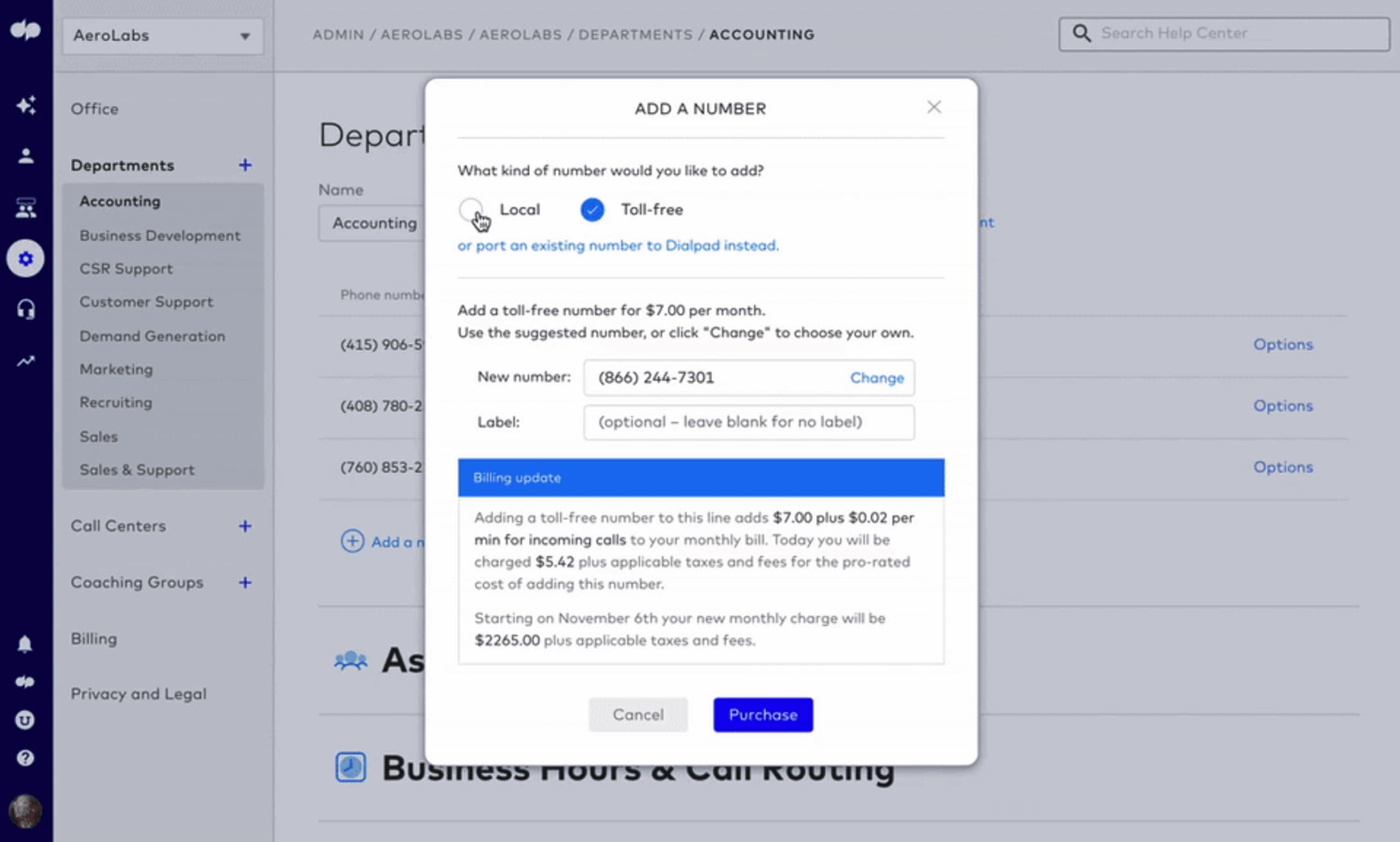 Dialpad toll-free number setup interface for A2P messaging business communications