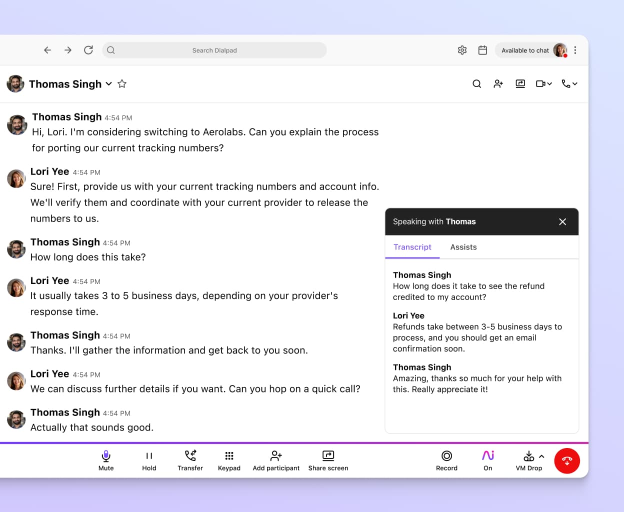Screenshot of Dialpad Ai transcribing a phone call in real time