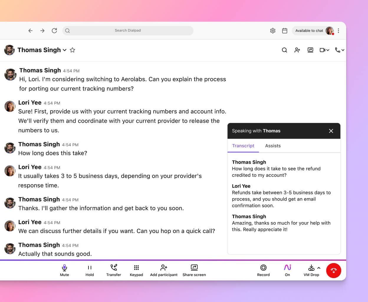 Screenshot of Dialpad Ai transcribing a phone call in real time