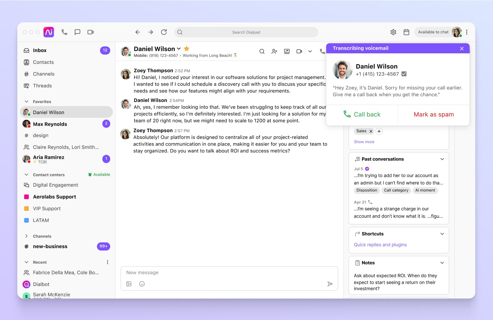 Transcribing a voicemail in Dialpad.