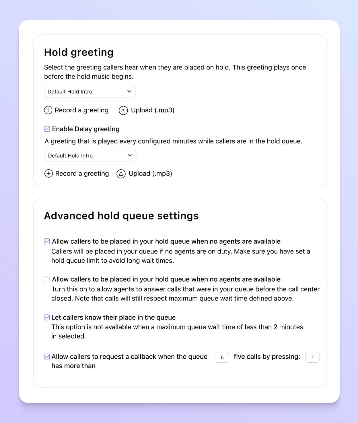Screenshot of selecting the hold greeting in Dialpad