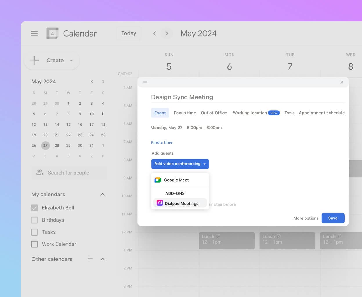 Screenshot of Dialpad's Google Calendar integration automatically populating a meeting invite with the link to join the meeting