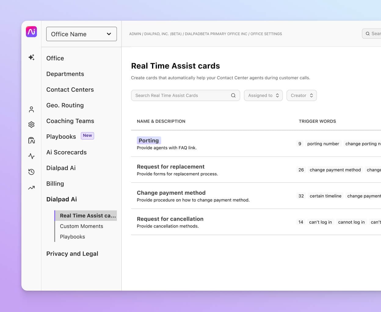 Screenshot of Real-time Assist (RTA) cards in Dialpad, created by admins to automatically guide contact center agents during calls