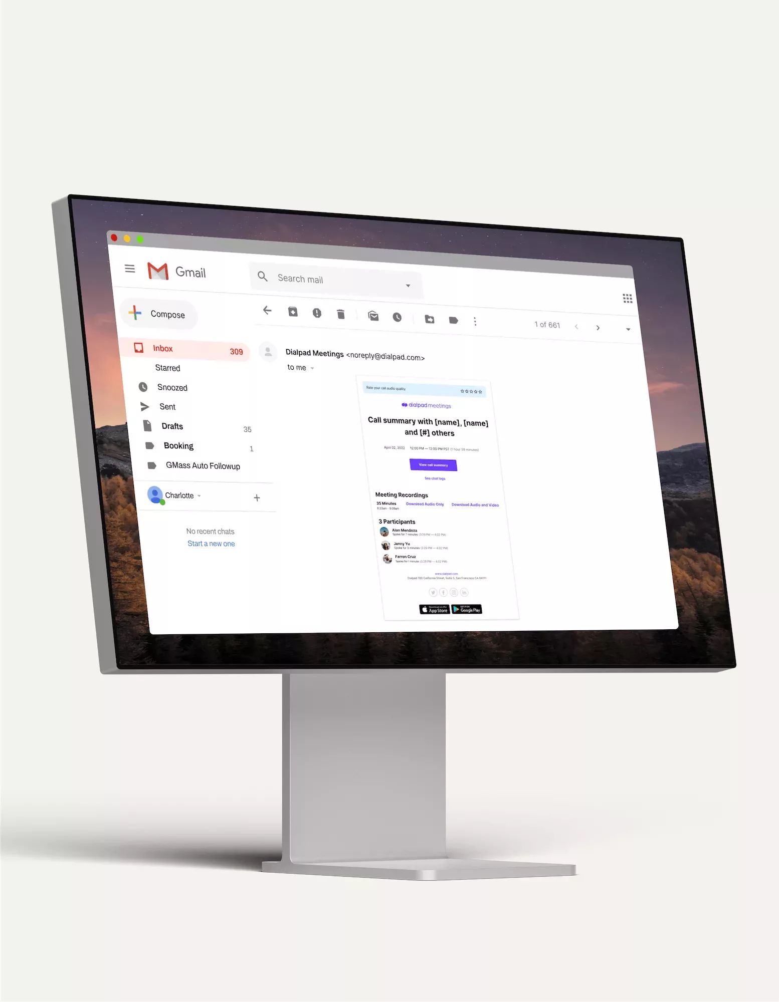 Computer monitor displaying dialpad's call summary email