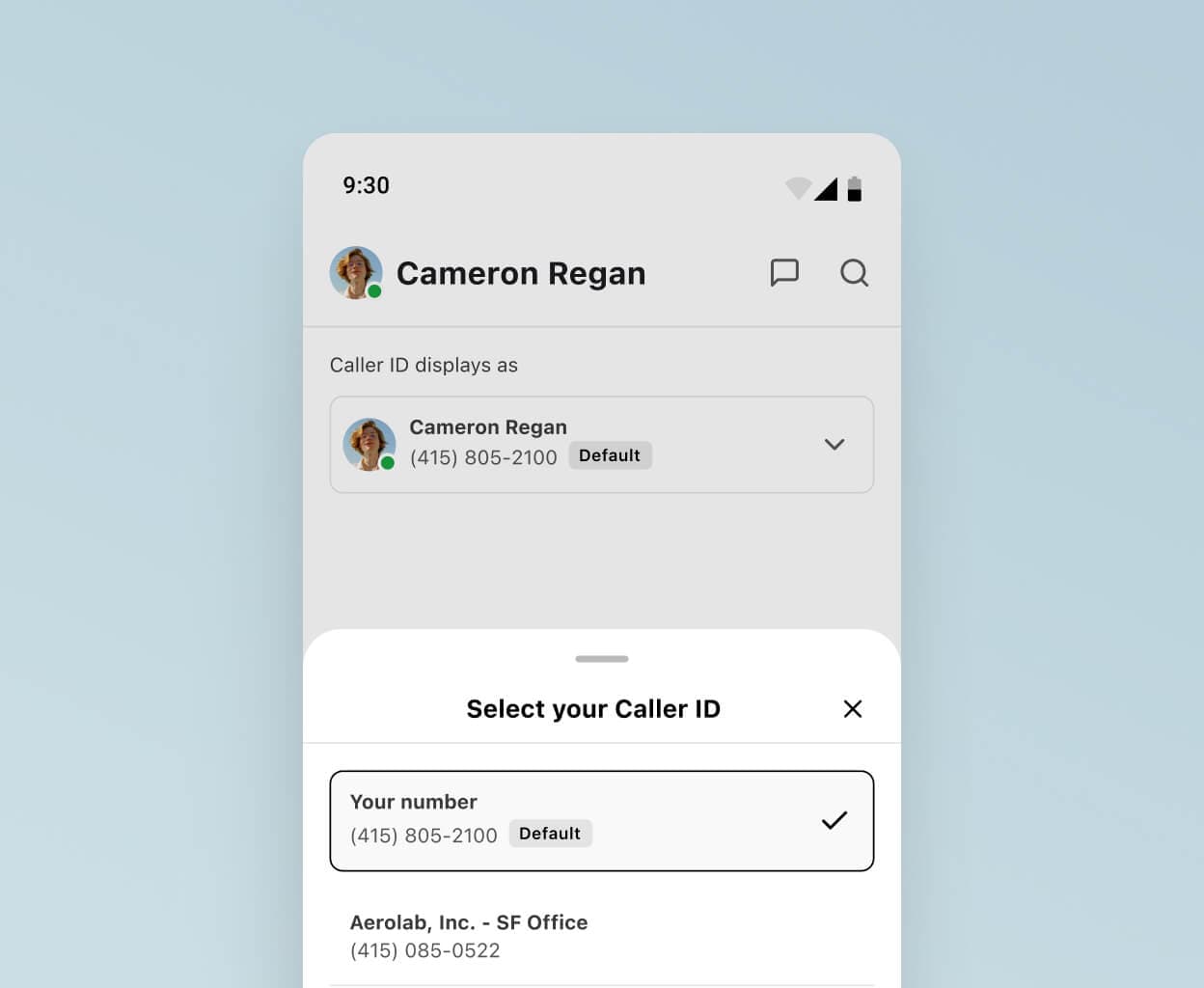 Screenshot of choosing a caller ID to display when making a work call from one-s personal cell phone using Dialpad-s app