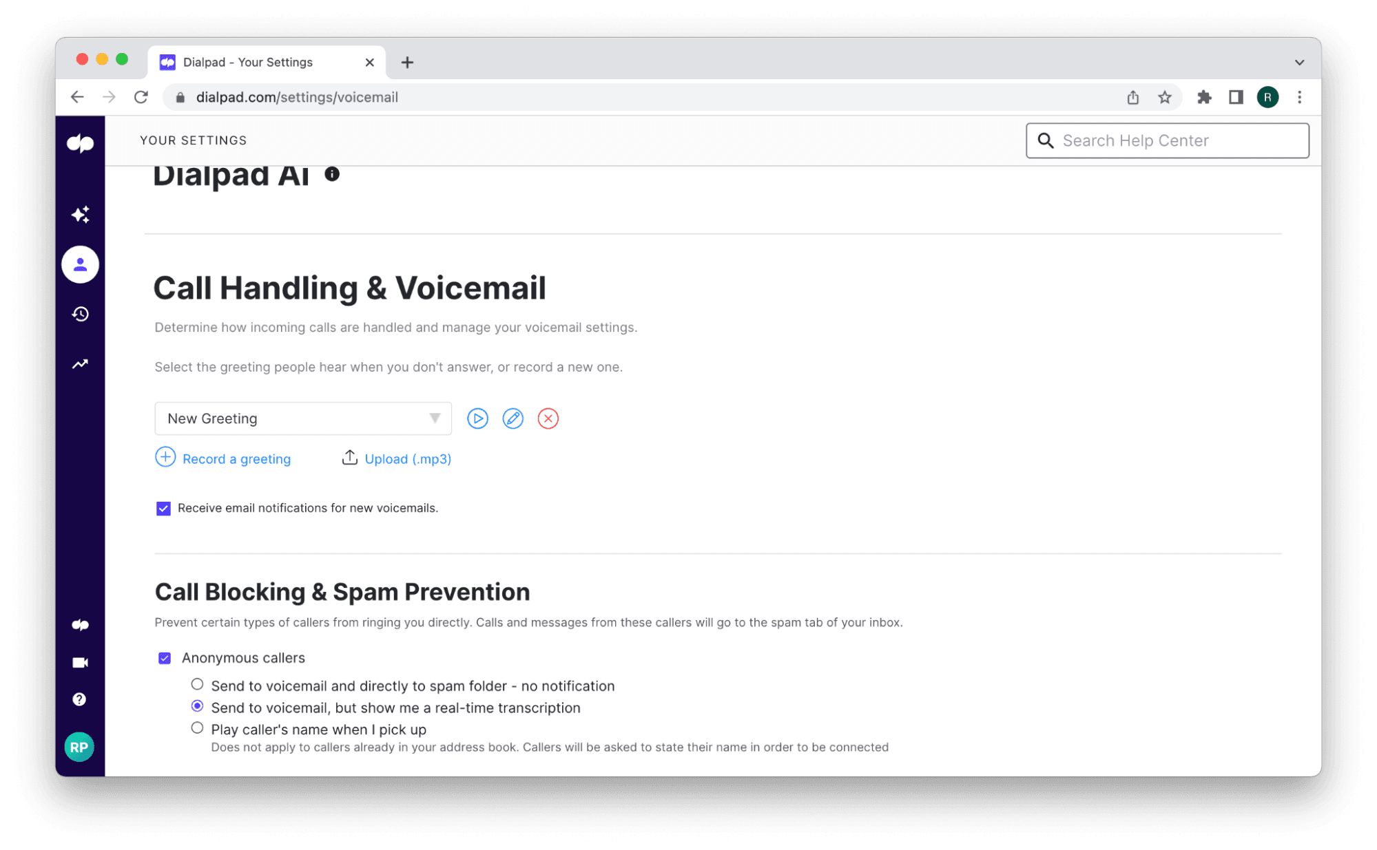 Dialpad Voicemail settings