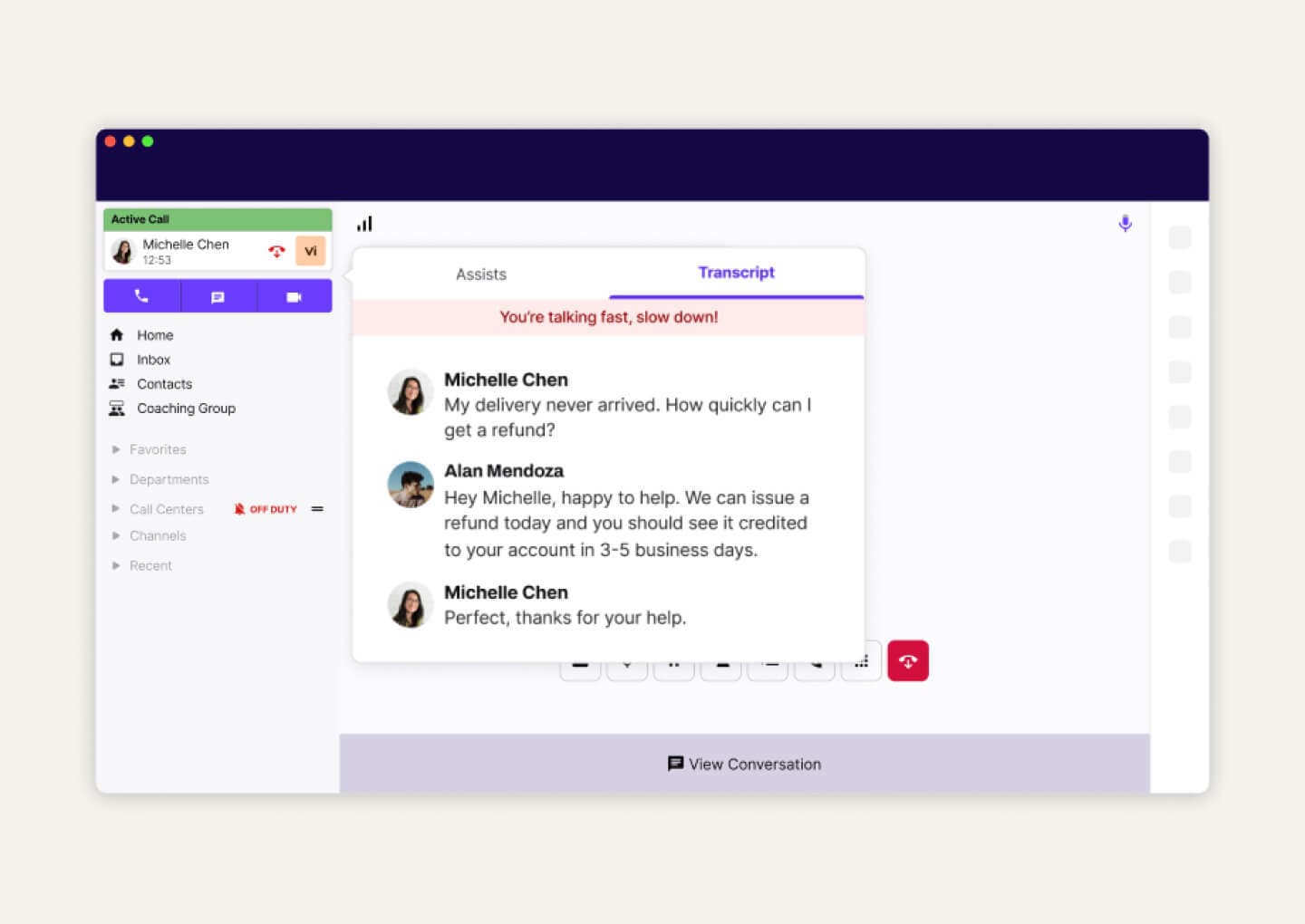 Dialpad's real time assist card feature popping up helpful notes for an agent or rep when a tricky question comes up on a call.