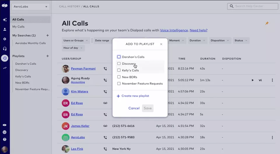 Creating a call recording playlist in dialpad app