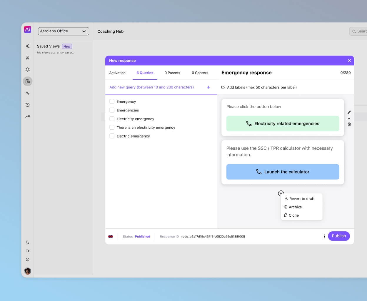 Screenshot of creating a chatbot response flow using Dialpad's no-code drag-and-drop builder