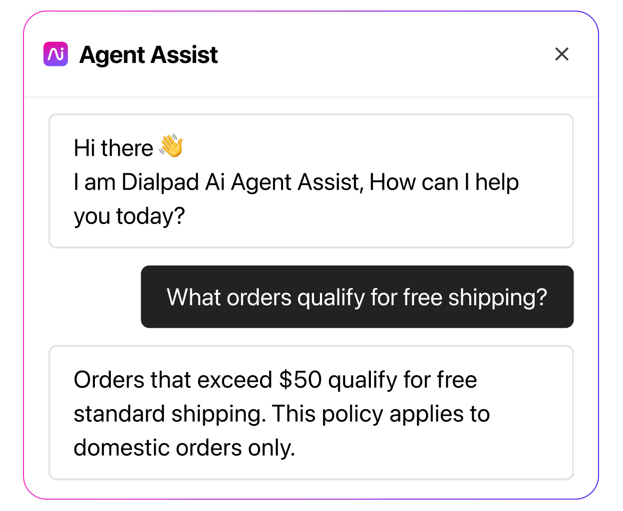 Dialpad's real time assist card feature popping up helpful notes for an agent or rep when a tricky question comes up on a call.
