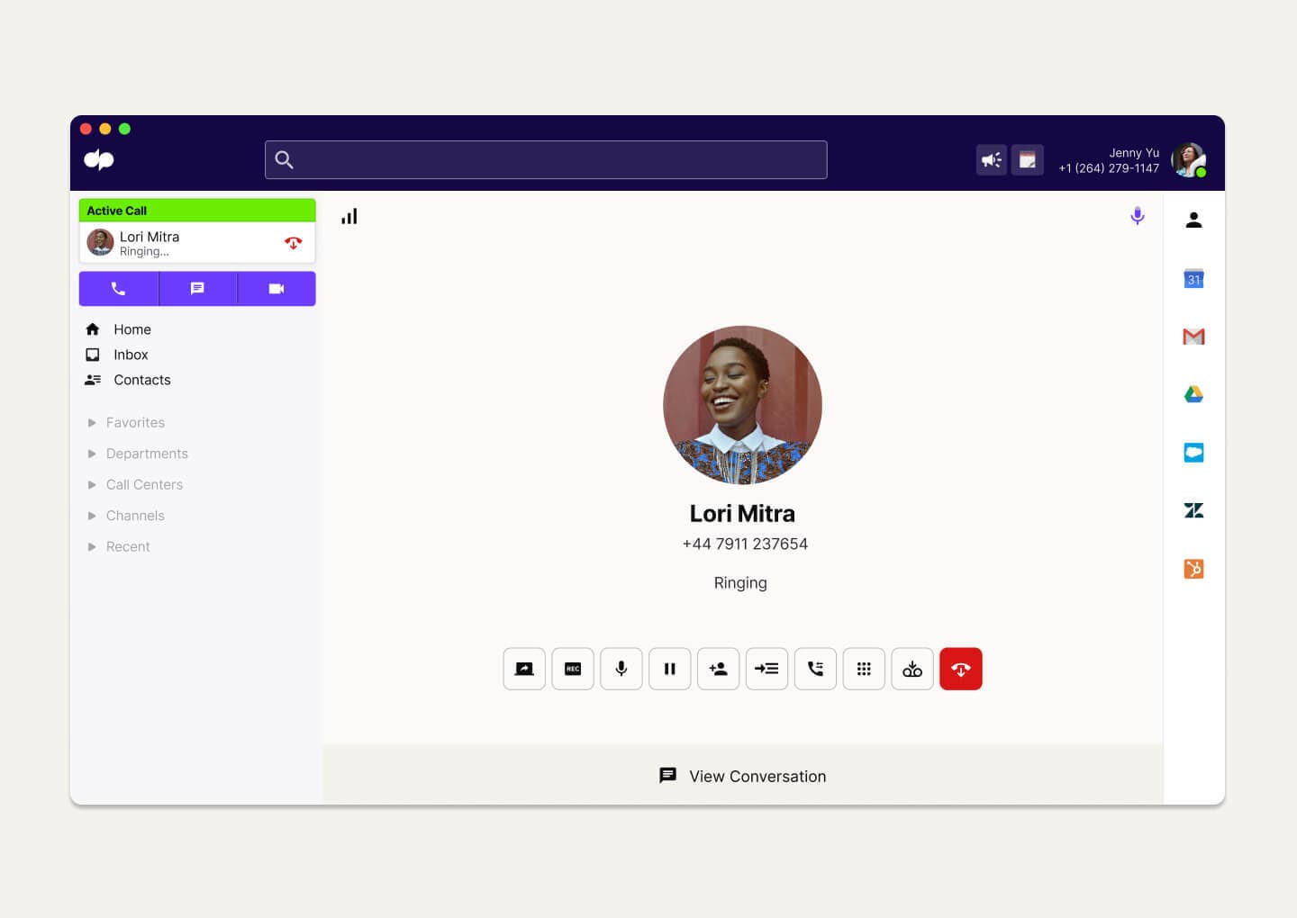 Screenshot of an international call happening in Dialpad's desktop app