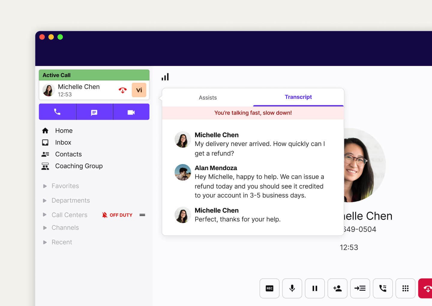 Dialpad Ai transcribing a phone call in real time.