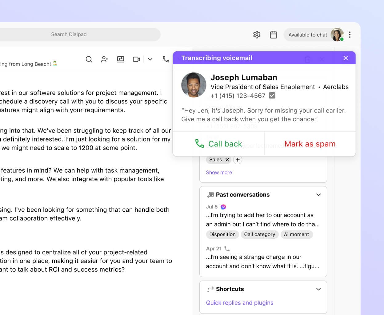 Screenshot of Dialpads visual voicemail transcription feature