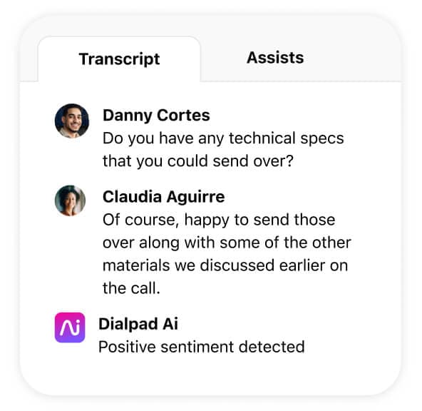 Screenshot of Dialpad Ai transcribing a phone call in real time