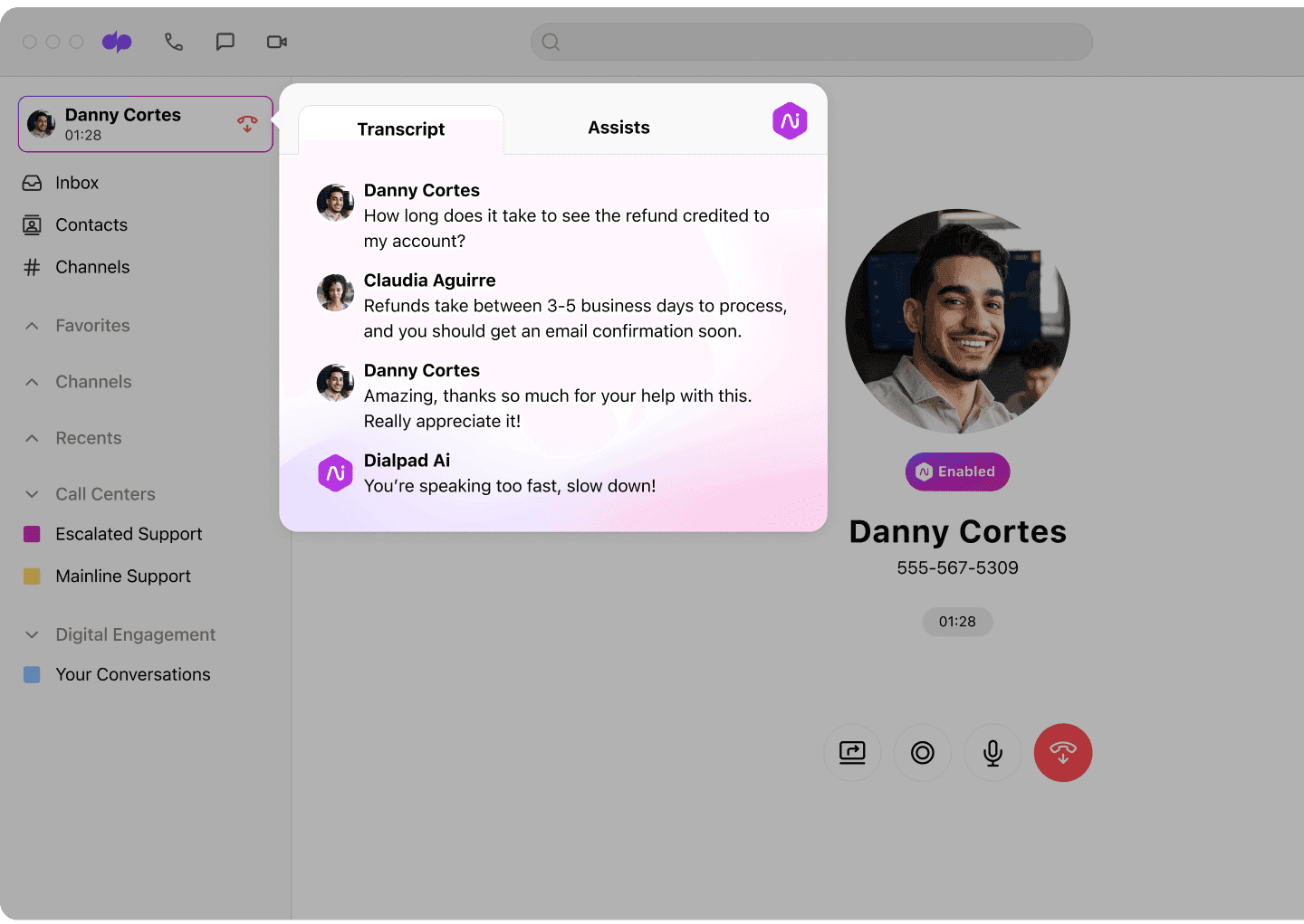 Dialpad Ai prompting an agent to speak more slowly