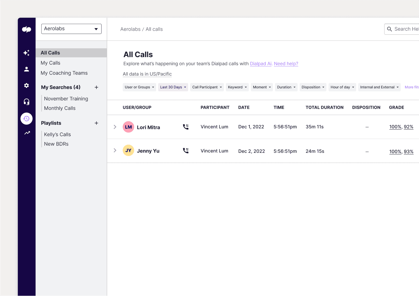 Screenshot of creating a coaching call playlist in Dialpad