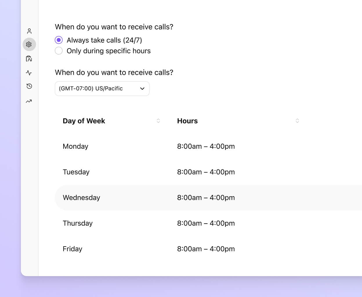 Screenshot of setting business hours for a company in dialpads dashboard