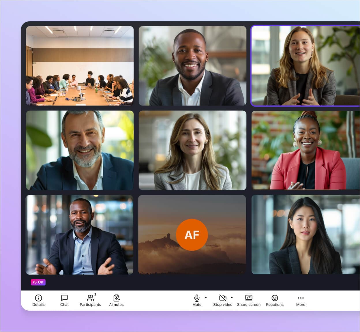 Screenshot of Dialpad AI Meetings UI in grid view showing participant thumbnails and call controls below