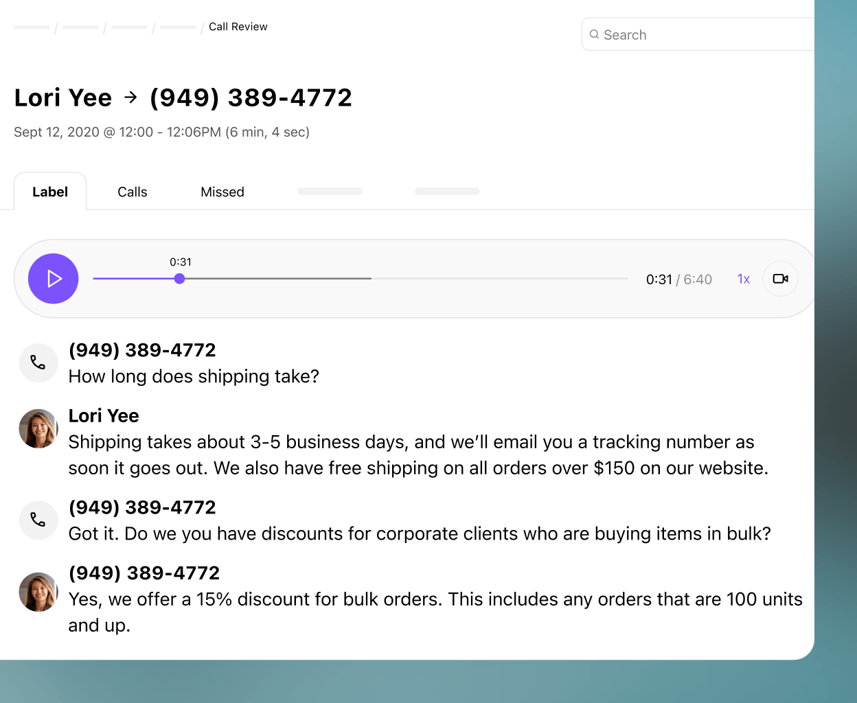 Screenshot of Dialpad Ai Scorecard showing which part of the call an agent met the criteria