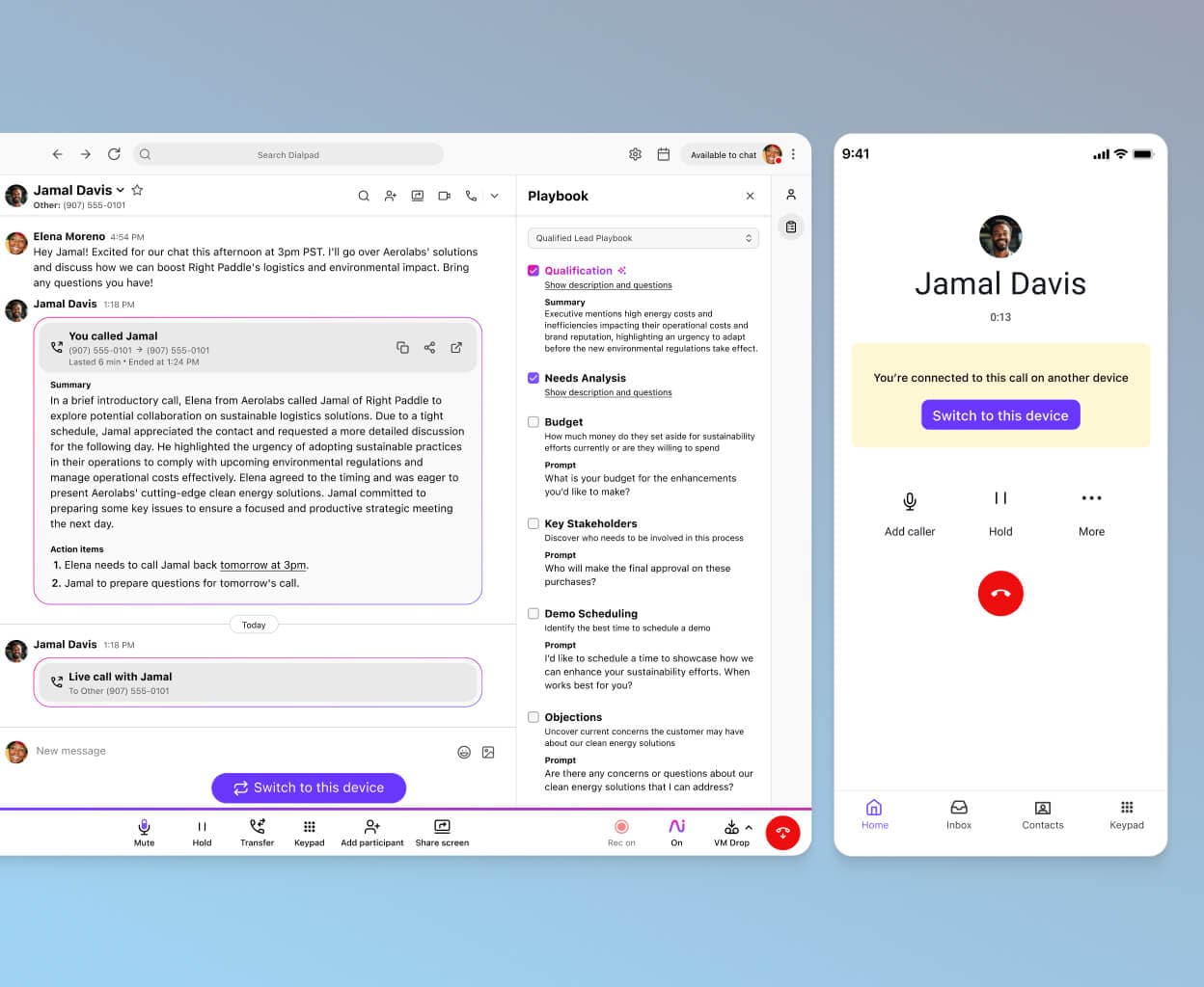 Screenshot of Dialpads call flip feature seamlessly flipping a call between a desktop and mobile app