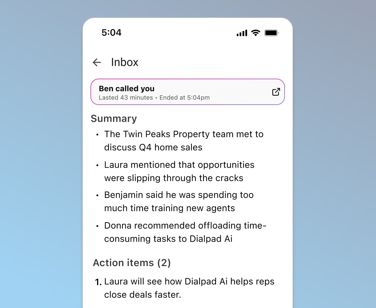 Dialpad's AI-powered post-call summary with transcript, recording, and action items.