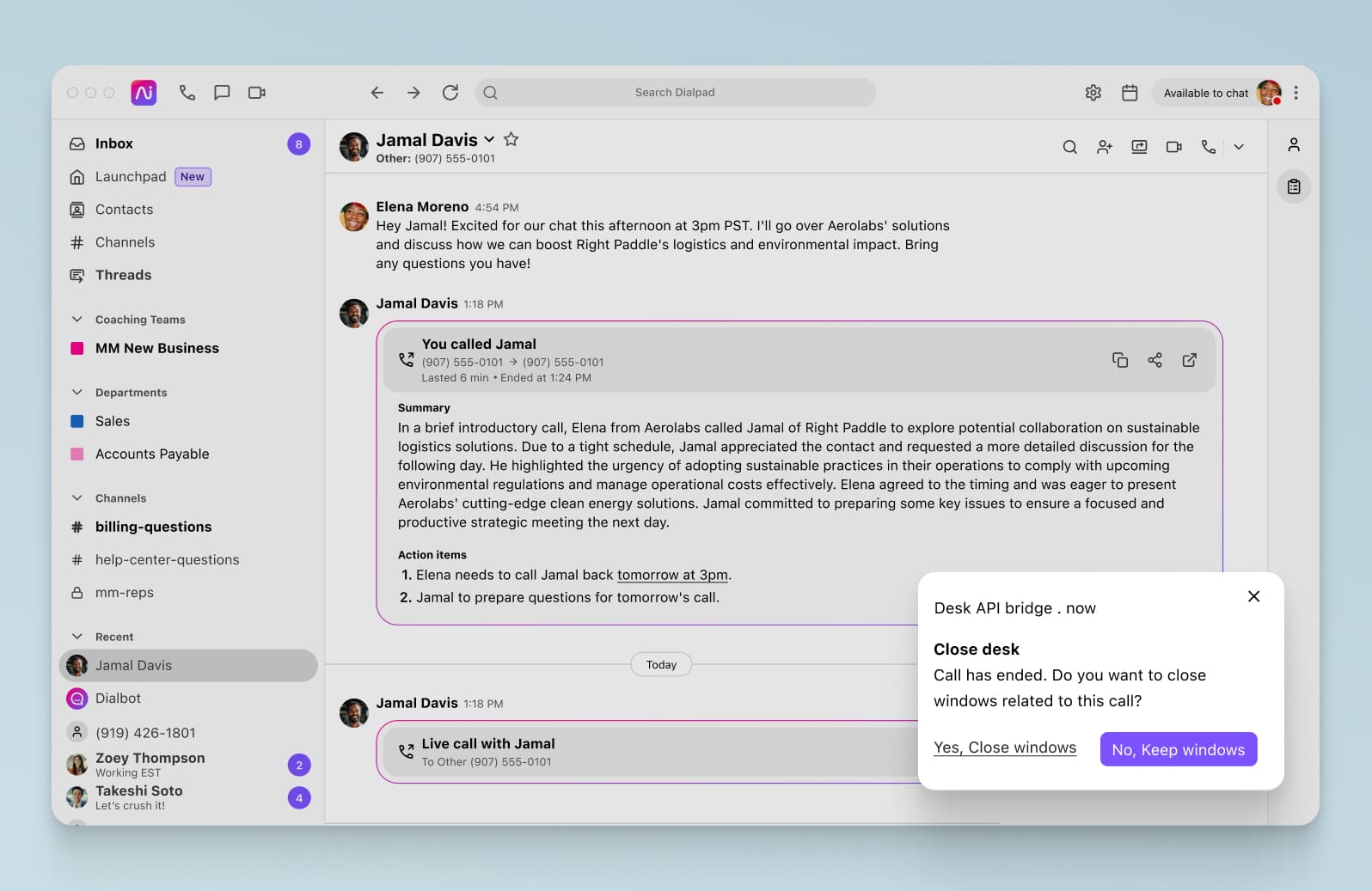 Screenshot of Dialpads Google Chrome OS desk connector integration automatically clearing agents desktop view for them