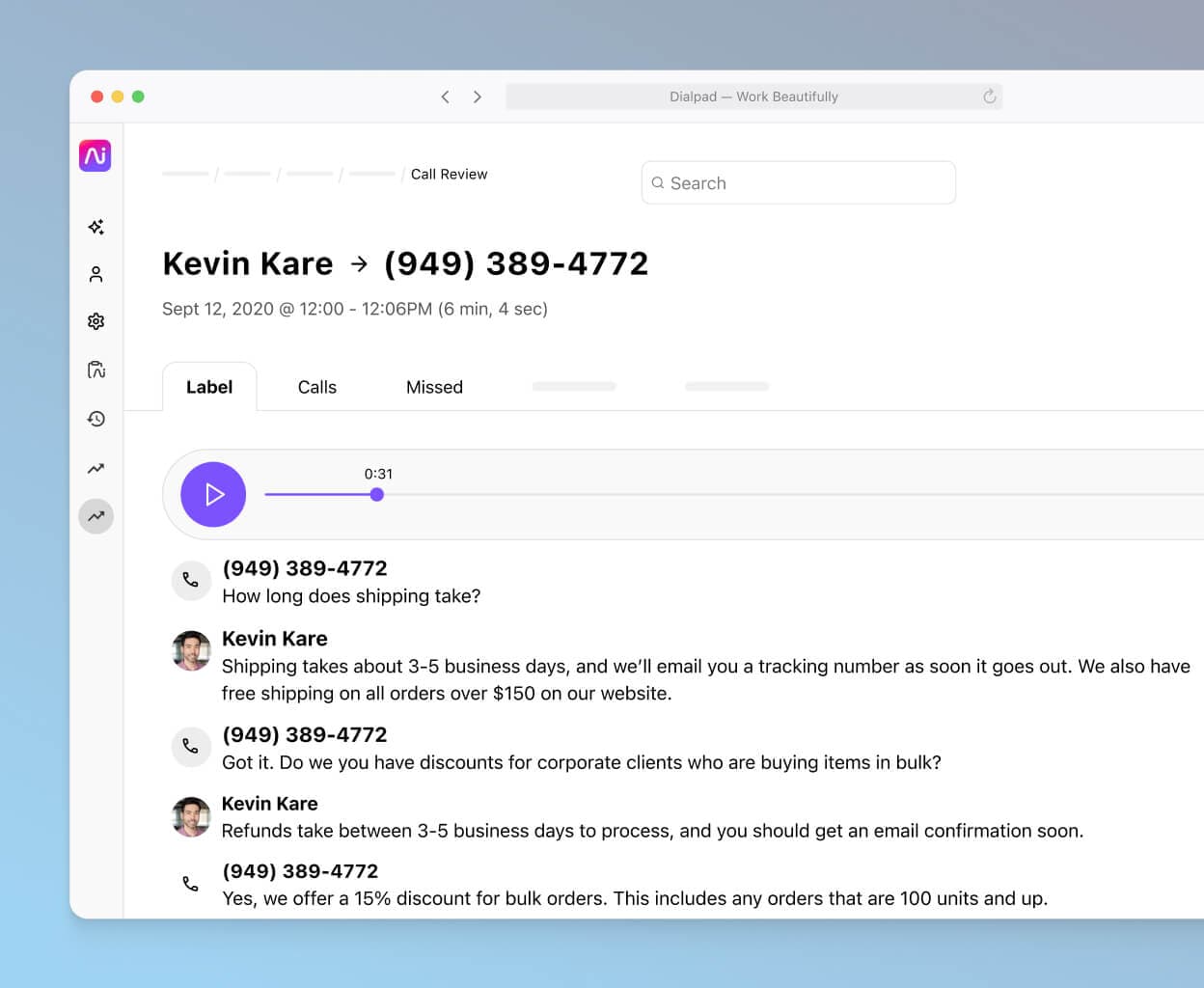 Screenshot of Dialpad's AI-powered post-call summary with transcript and recording