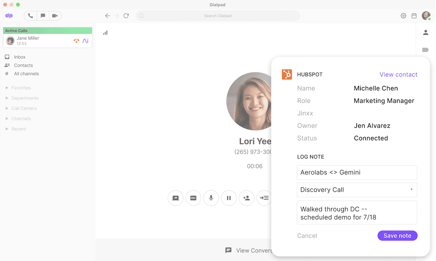 Screenshot of Dialpad's HubSpot integration automatically populating a call's details