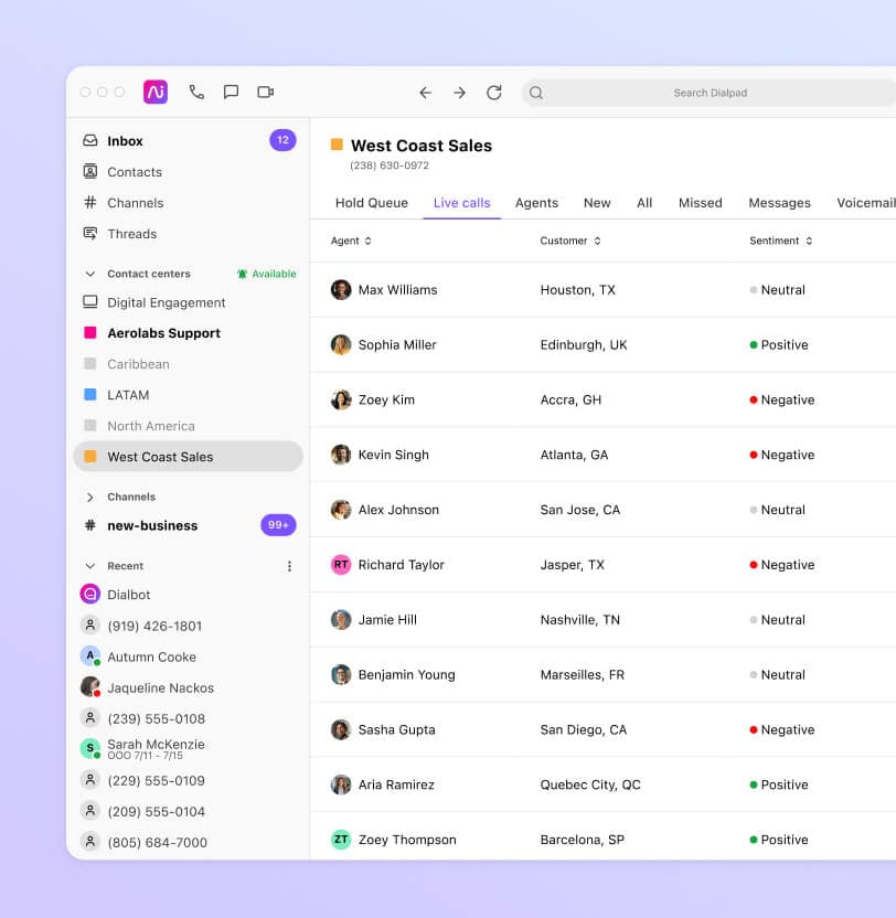 Screenshot of Dialpad Ai analyzing the sentiment of multiple calls in real time "west coast sales"