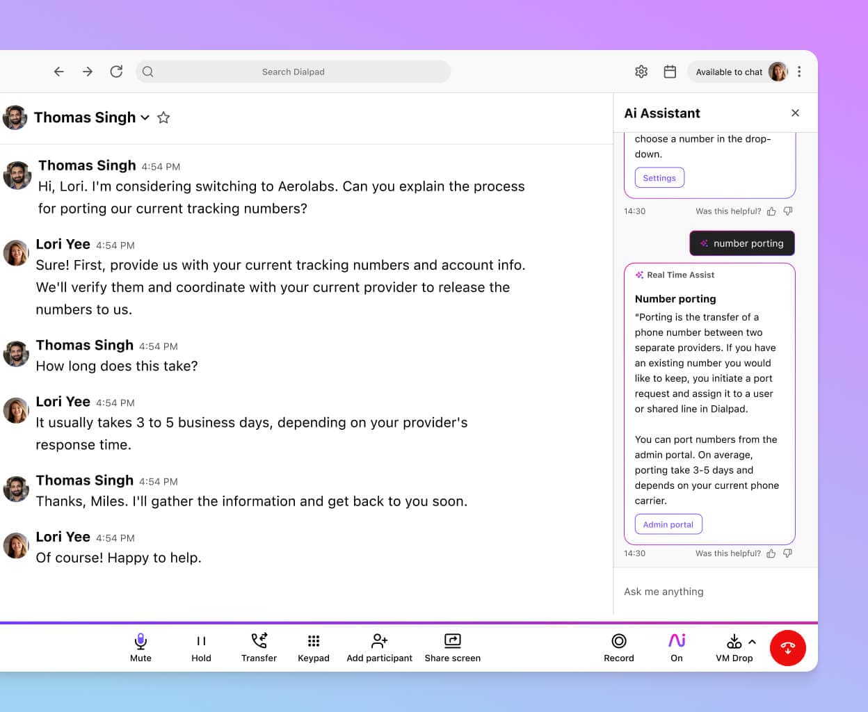 Screenshot of Dialpads real time assist card feature popping up helpful notes for an agent or rep when a tricky question comes up on a call