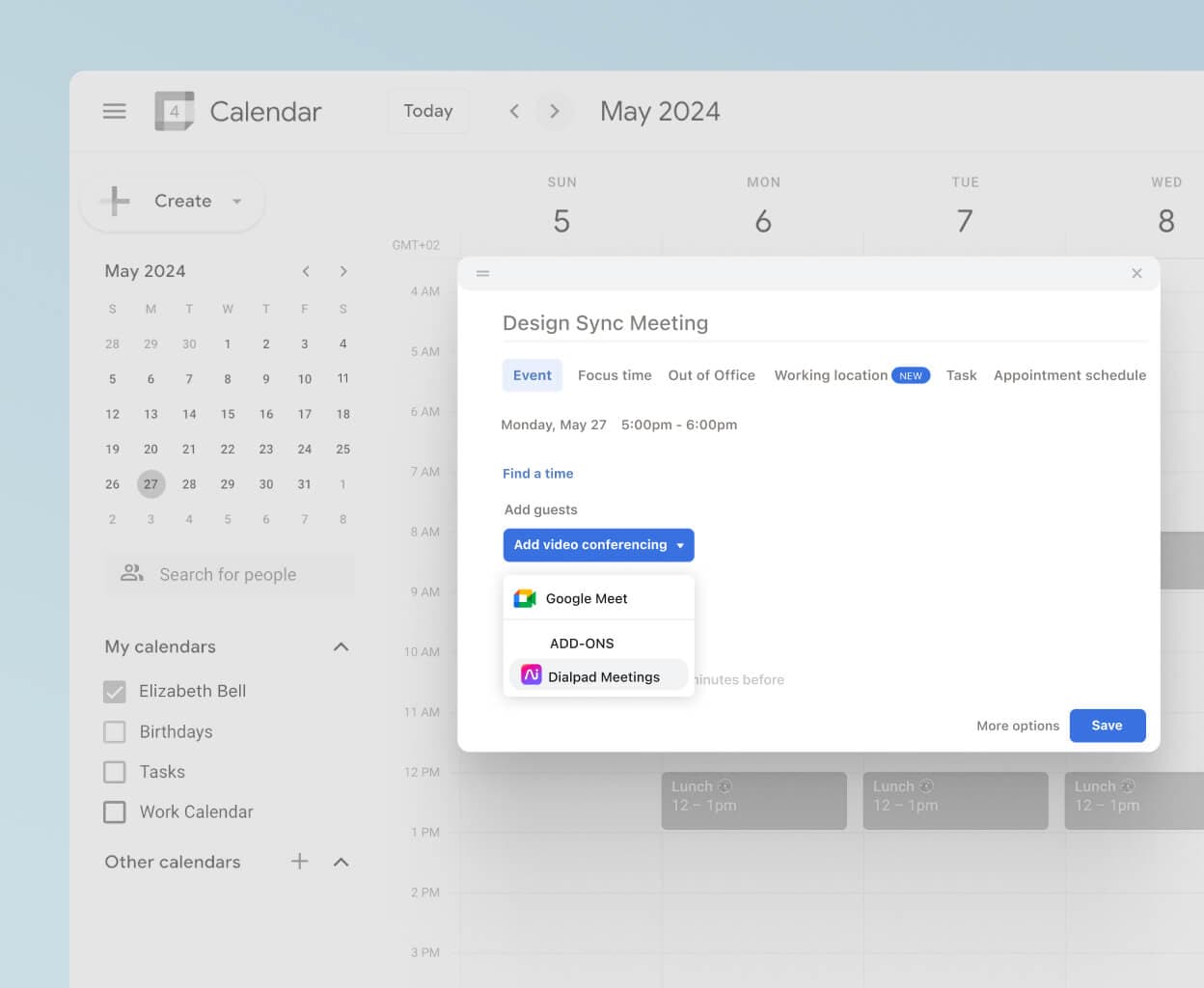 Screenshot of Dialpad's Google Calendar integration automatically populating a meeting invite with the link to join the meeting