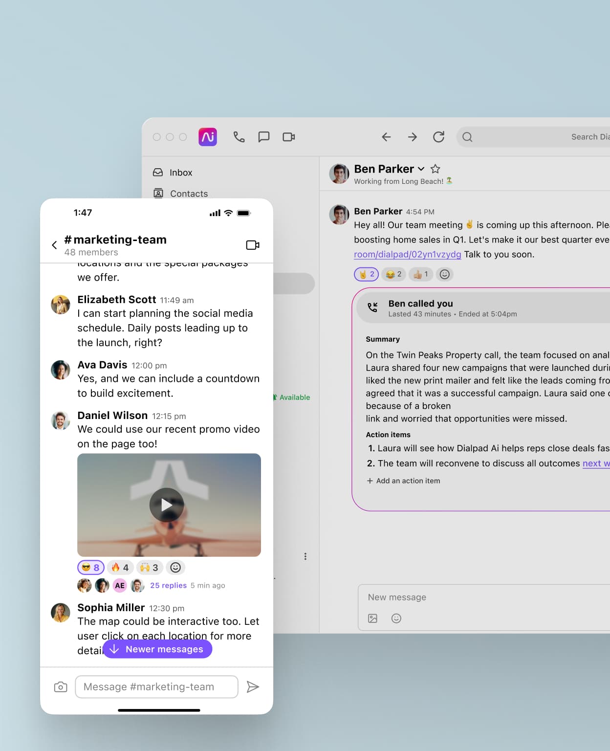 Screenshot of business text messaging features in Dialpad's desktop and mobile applications