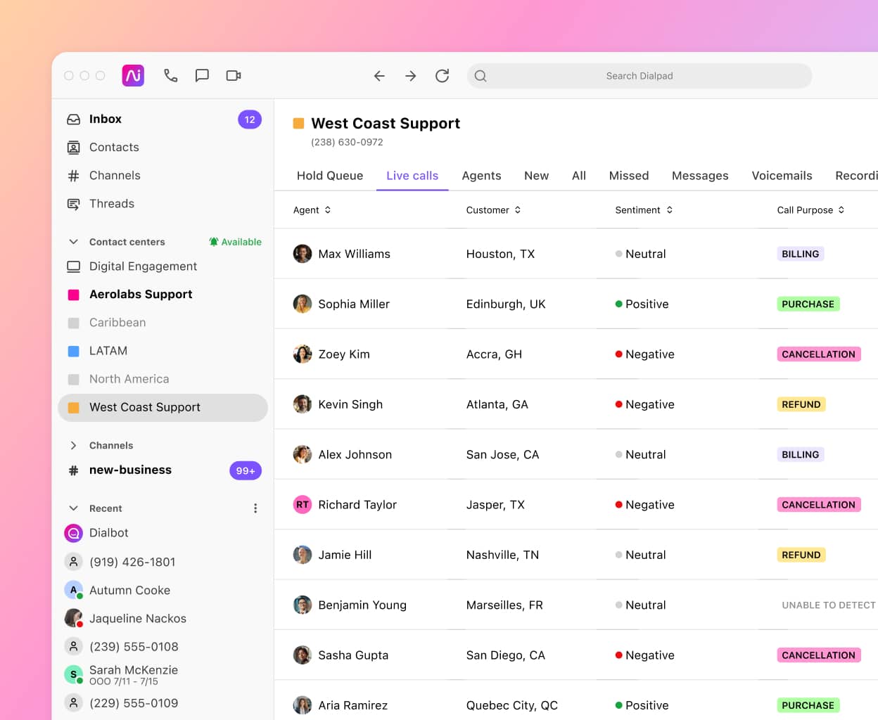 Screenshot of Dialpad AI analyzing the sentiment of multiple calls in real time