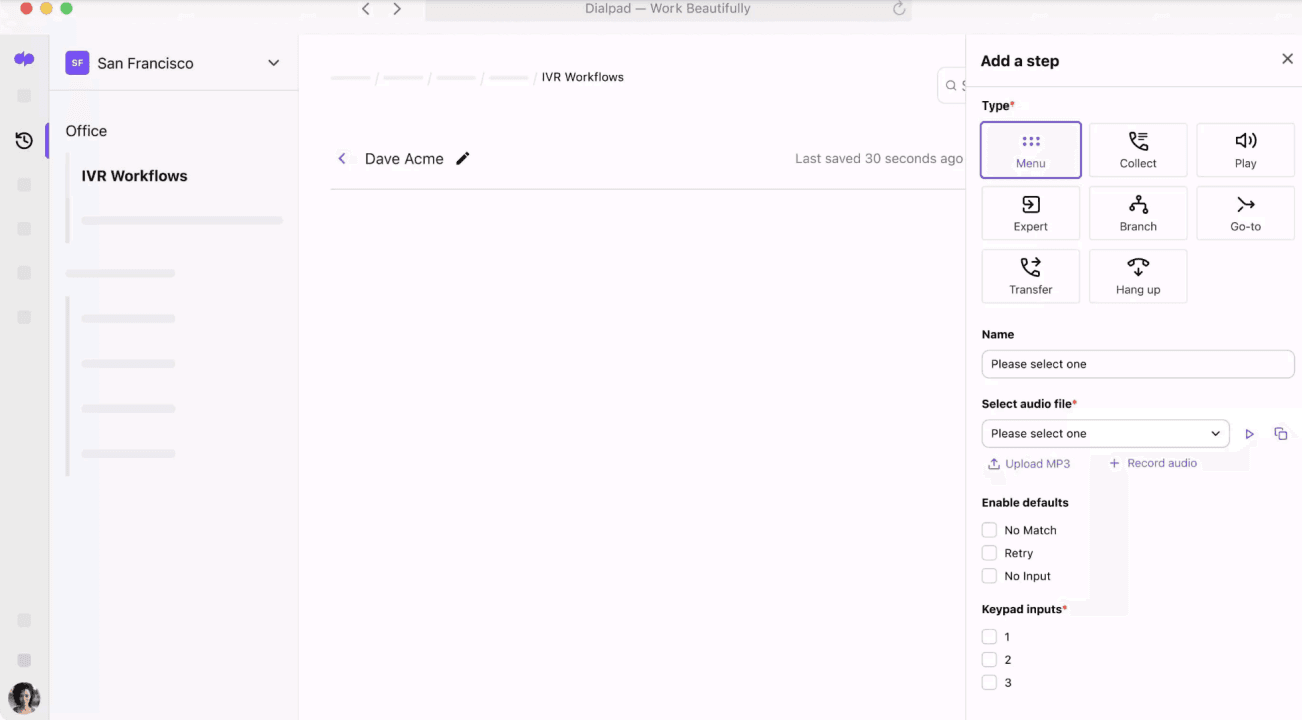 Screenshot of Dialpad's call routing options