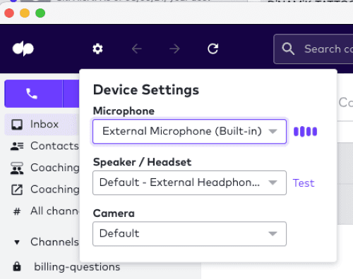 Screenshot of adjust microphone settings on Dialpad
