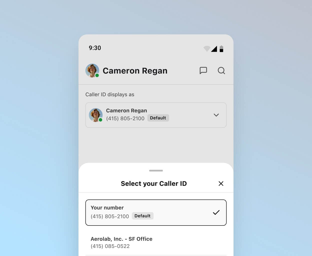 Screenshot of choosing a caller ID to display when making a work call from one's personal cell phone using Dialpad's app.