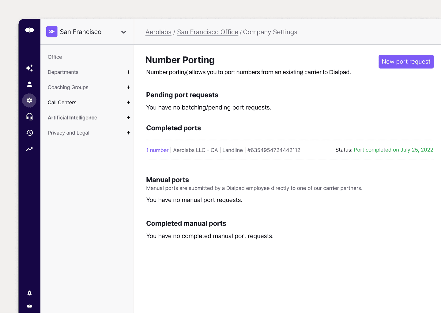 Screenshot of porting a phone number from Dialpad's online dashboard