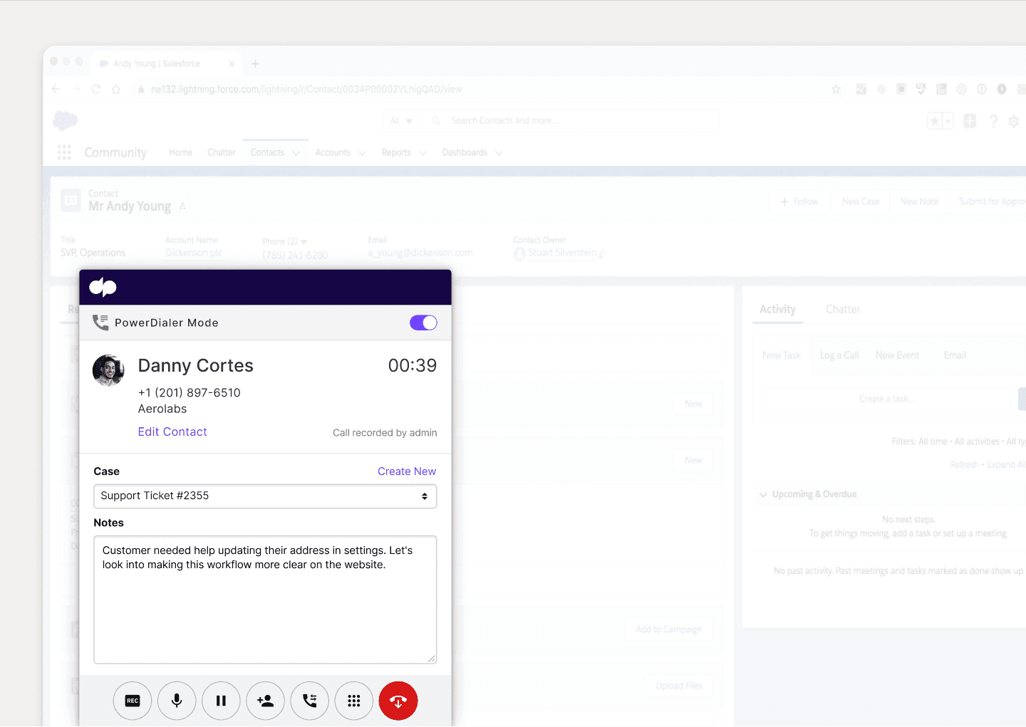Screenshot of Dialpad's Salesforce integration populating a call's details