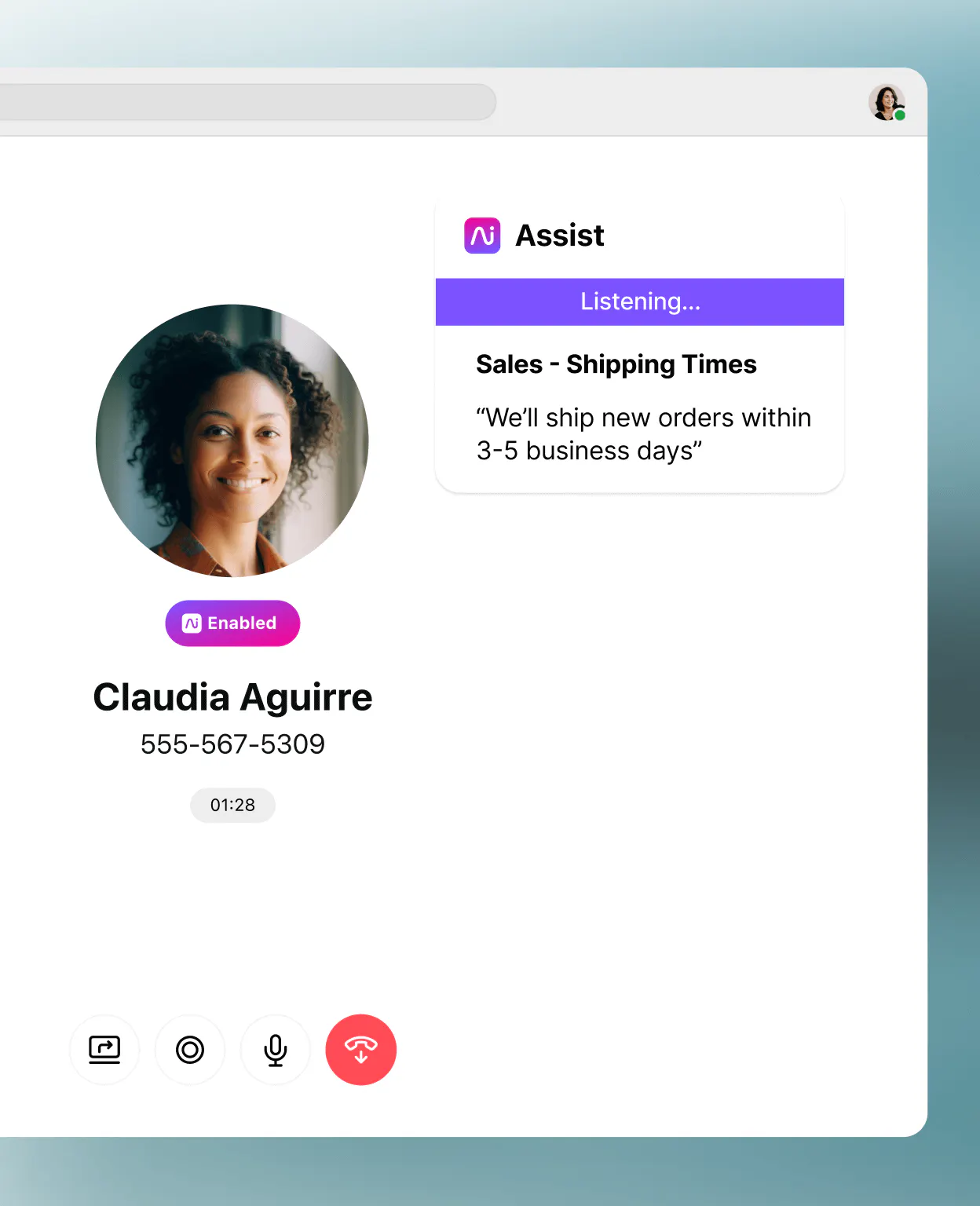 Screenshot of Dialpad’s real time assist card feature popping up helpful notes for an agent or rep when a tricky question comes up on a call