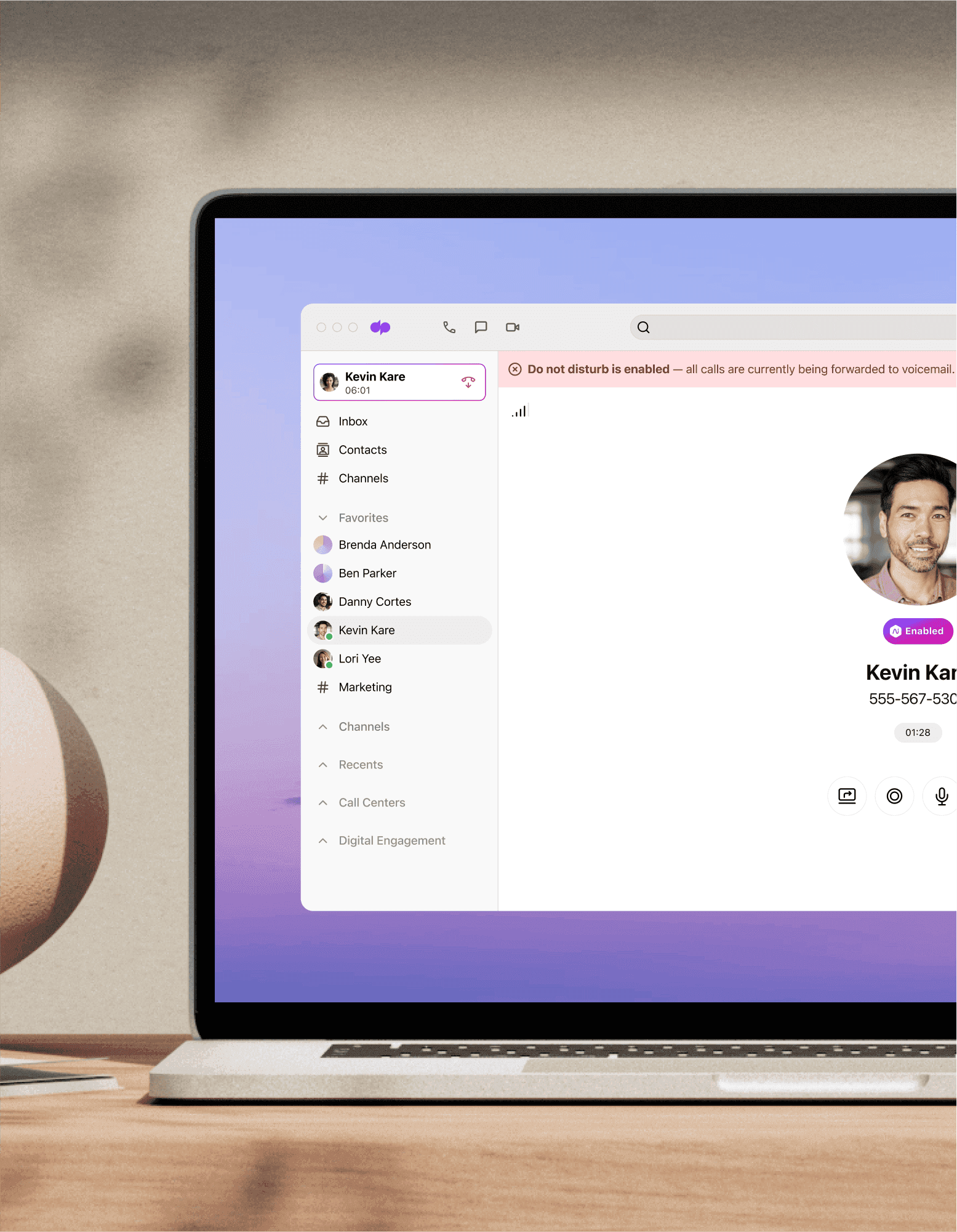 A laptop screen showing Dialpad's do-not-disturb feature