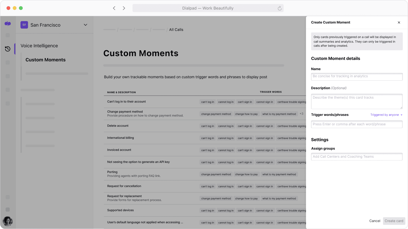 Screenshot of creating a Custom Moment in Dialpad which tracks how often certain keywords are coming up on calls