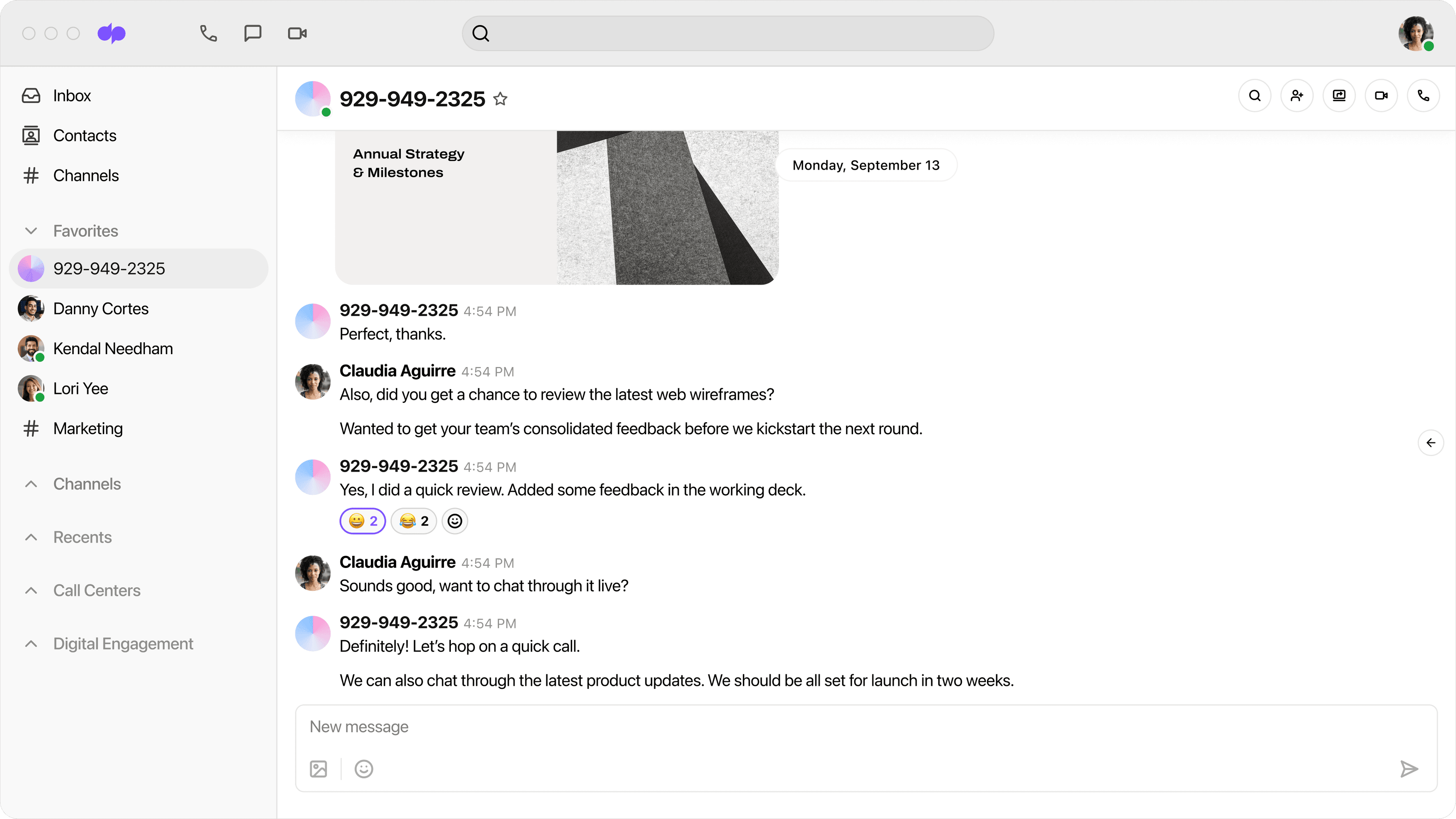 Screenshot of direct messaging through Dialpad